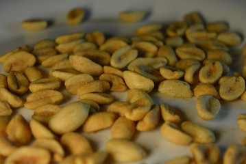 On white glass plate are peanut nuts with salt fried in yellow earth-nut, groundnut, goober, monkeynut
