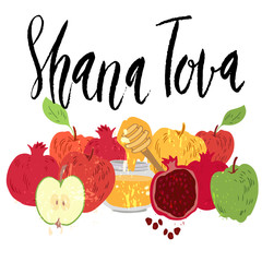 Hand drawn vector illustration for Rosh Hashana Jewish new year holiday. Apples, pomegranate and honey. Brush lettering phrase Shana Tova ( Happy new year in Hebew )