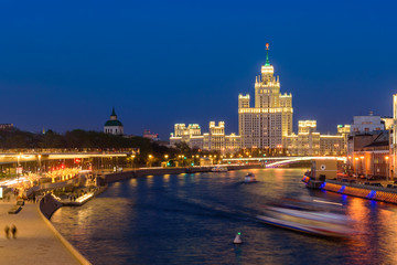 City of Moscow at night. Moscow river and buildings in the historical center of Moscow in beautiful night illumination, Russia.