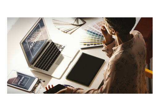 Designer with Devices in Office Mockup