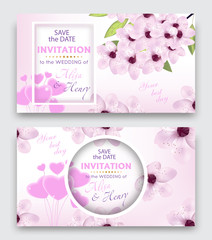 Set wedding invitation template or greeting card. Elegant background with cherry or sakura blossom flowers and balloon hearts. Vector