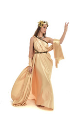 Fototapeta premium full length portrait of brunette woman wearing long golden grecian gown, standing pose. isolated on white studio background.
