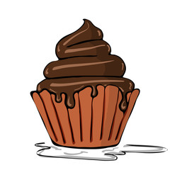 Hand draw sketch of a vanilla cupcake with cream. Vector illustration.