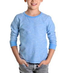 Little boy in long sleeve t-shirt on white background. Mock-up for design