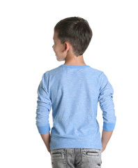 Little boy in long sleeve t-shirt on white background. Mock-up for design