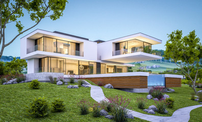 3d rendering of modern house by the river at evening - obrazy, fototapety, plakaty