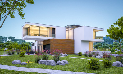 Fototapeta na wymiar 3d rendering of modern house by the river at evening