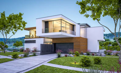 3d rendering of modern house by the river at evening - obrazy, fototapety, plakaty