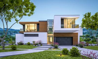 3d rendering of modern house by the river at evening - obrazy, fototapety, plakaty