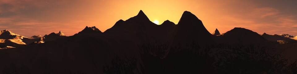 Fototapeta na wymiar silhouettes of mountains on a sunset background, panorama of a mountain landscape, sunset in the mountains, 3D rendering 