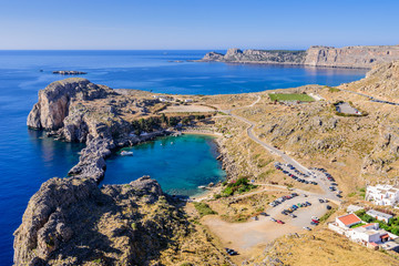 Looking down onto St Paul's Bay at Lindos on the Island of Rhodes, Greece