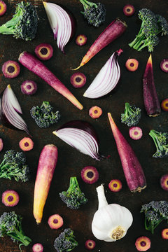Vegetable soup ingredients, purple carrots, purple sprouting bro