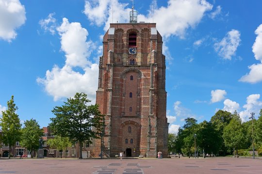 View on De Oldehove. An unfinished and leaning church tower in the medieval centre of the Dutch city of Leeuwarden.