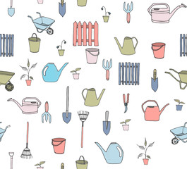 set of hand drawn garden tools, seamless pattern