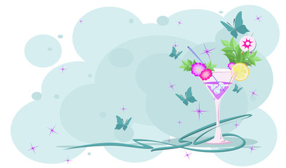 pink cocktail with a slice of lime on a blue background among blue butterflies