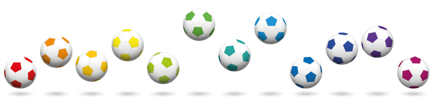 Soccer balls loosely arranged. Rainbow colored jumping soccer ball set, twelve different colors. Isolated vector illustration on white background.