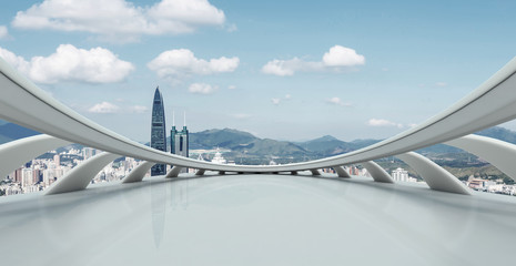 modern building with skyline of city