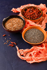 Chia seeds, flax seeds and goji berries