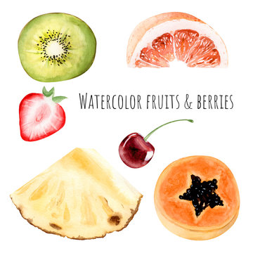 Hand Drawn Watercolor Illustration Clipart Object Kiwi Strawberry Grapefruit Pineapple Slice Papaya