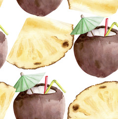 Hand drawn watercolor illustration seamless pattern repeated tropical exotic pina colada coconut cocktail pineapple slice - 209131306