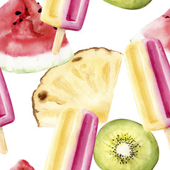 Hand drawn watercolor illustration seamless pattern repeated tropical exotic popsicle kiwi pineapple watermelon - 209132337