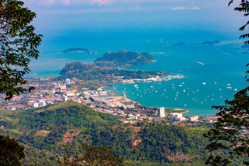 Harbor aerial view and skyline with boats