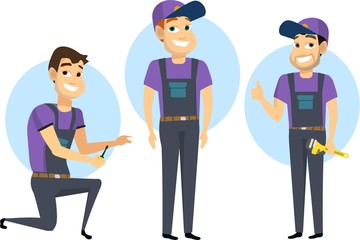 Manufacture set. Building and worker with house and instrument 