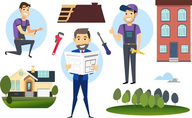 Manufacture set. Building and worker with house and instrument 