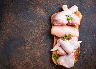 Raw chicken meat fillet, thigh, wings and legs