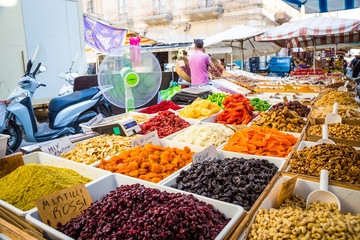 SYRACUSE, ITALY - MAY 04th, 2018: this traditional almonds and pistachios market is one of the most...