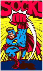 Pop art vintage comic book style superhero throwing punch and fighting with onomatopoeia vector poster design illustration