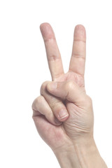 Man hand showing victory sign gesture
