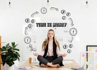 Fototapeta premium calm businesswoman meditating in lotus position on table in office with time for money inscription and money and time circuit