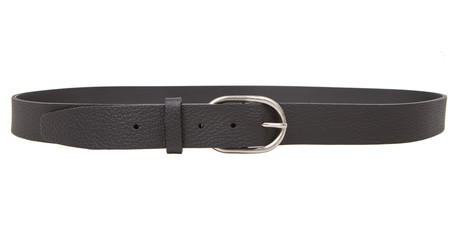 Black Leather Belt with Oval Silver Buckle Isolated on White Background