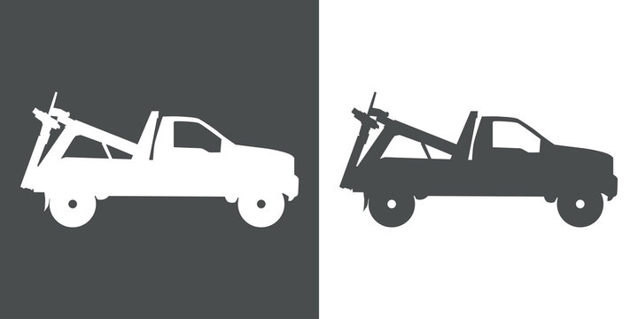 Icono plano camion de remolque en gris y blanco