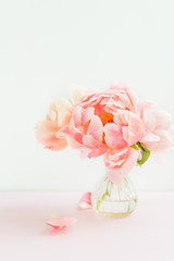 Fresh bunch of pink peonies in a tiny vase
