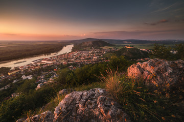 View of Small City of Hainburg an der Donau with Danube River as Seen from Rocky Hundsheimer Hill at Beautiful Sunset