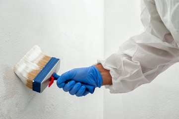 House painter at work painting a wall with a brush © francescomou