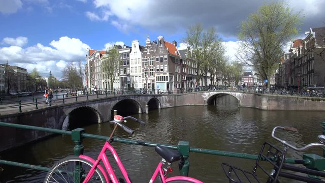 Europe, Netherlands, Holland, Amsterdam, traditional Gabled houses and bridges on the corner of Keizersgracht and Leidesegracht
