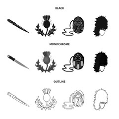 National Dirk Dagger, Thistle National Symbol, Sporran,glengarry.Scotland set collection icons in black,monochrome,outline style vector symbol stock illustration web.