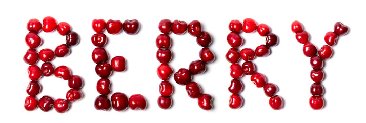 Cherry word on white background, letters with cherry berries