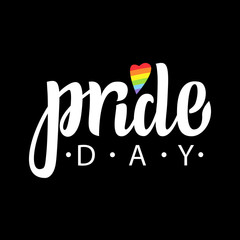 Gay Lettering. Conceptual poster with LGBT rainbow hand lettering. Colorful glitter handwritten phrase Pride Day 2018 isolated on black background. Vector typographic illustration for gay community