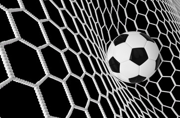 Soccer or Football Banner With 3d Ballon black background. Soccer game match design of goal moment with realistic ball in the net. Football background