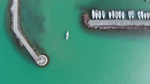 White sailing boats in Lake Balaton, drone top view