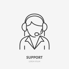 Customer support flat line icon. Call center sign, woman with headset illustration. Thin linear logo for live chart.