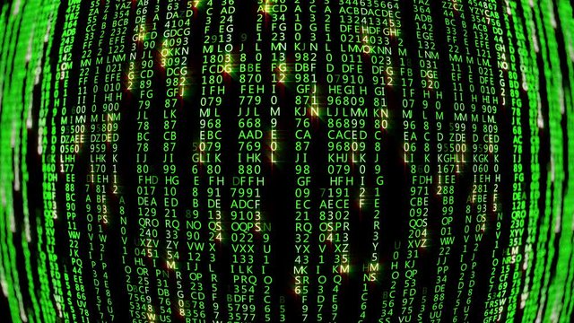 Blocks of abstract program matrix code are written and moved in the virtual space. Code on a black background. Looped 