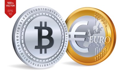 Bitcoin. Euro coin. 3D isometric Physical coins. Digital currency. Cryptocurrency. Golden and silver coins with Bitcoin and Euro symbol isolated on white background. Vector illustration.