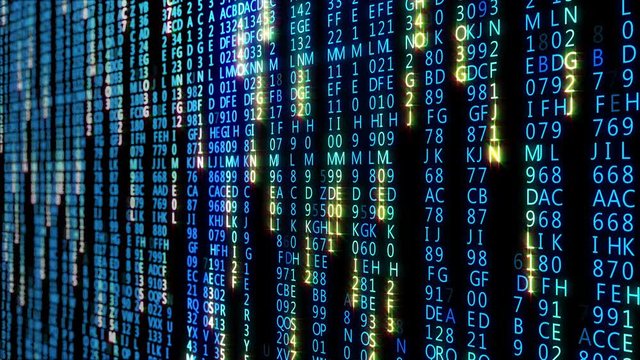 Blocks of abstract program matrix code are written and moved in the virtual space. Code on a black background. Looped 