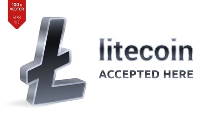 Obraz premium Litecoin accepted sign emblem. Crypto currency. 3D isometric silver Litecoin sign with text Accepted Here. Block chain. Stock vector illustration.
