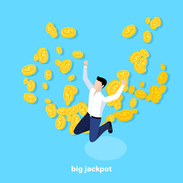 man jumped up against the background of flying gold coins, isometric image